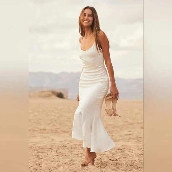 Lulu's Strictly Romance White Satin Asymmetrical Tiered Midi Dress Party Holiday - Picture 3 of 11